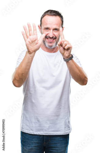 Middle age hoary senior man wearing white t-shirt over isolated background showing and pointing up with fingers number six while smiling confident and happy.