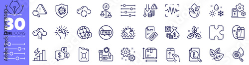 Filter, Canister oil and Qr code line icons pack. World medicine, Water analysis, Swipe up web icon. Voice wave, Coronavirus, Organic product pictogram. Covid test, Puzzle, Discrimination. Vector