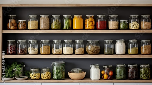 Open shelves in a pantry reveal a selection of fresh produce and dry goods