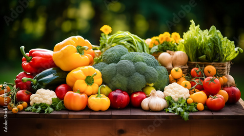 Fresh organic vegetables assortment on wooden table outdoors