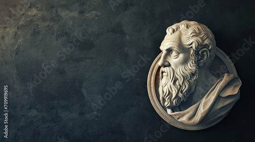 Illustration of Philosopher Epicurus in Round Frame on Dark Canvas with Space for Text photo