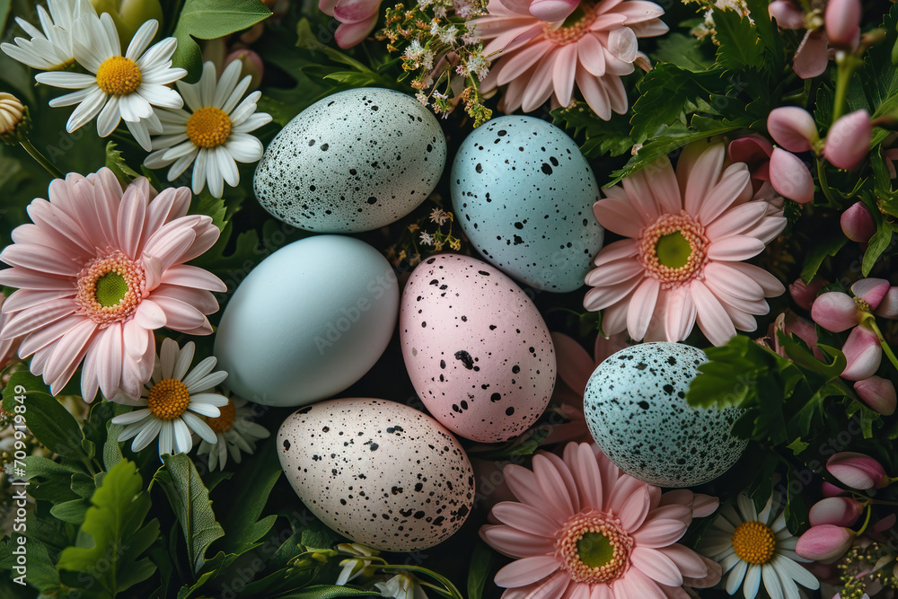 Obraz premium Easter colourful eggs with spring flowers 
