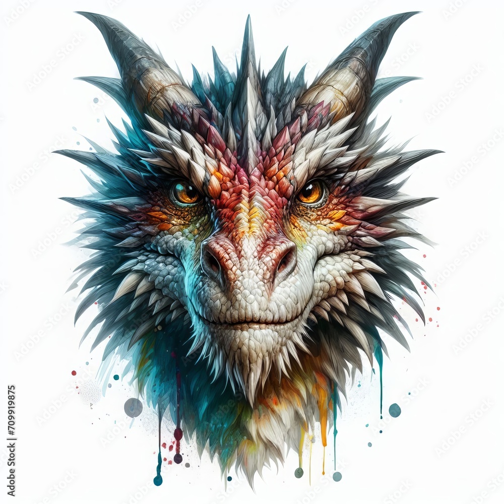 Multicolored colorful rainbow dragon head illustration. Painted in colorful. watercolor on a white background in a realistic manner.