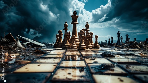 Solitary chess king stands tall amidst a backdrop of falling pieces