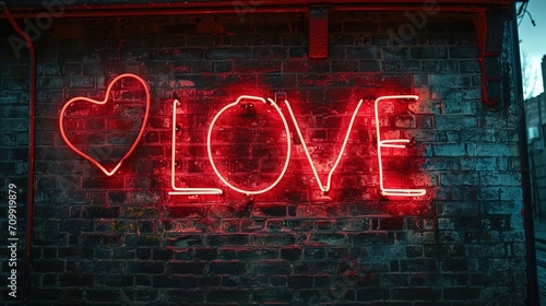 Neon sign on a brick wall written in the shape of heart "LOVE", valentine day, 14 feb, generative ai