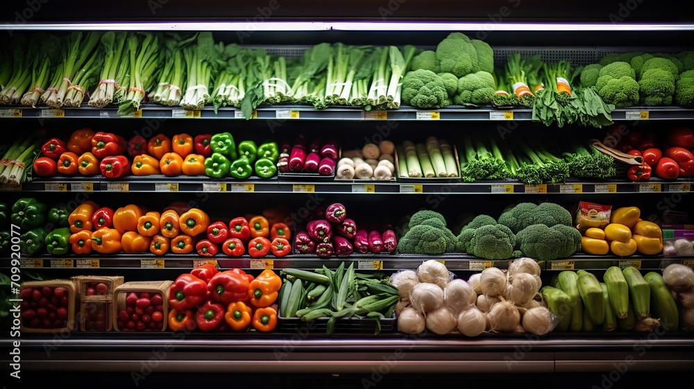Neatly arranged organic fruits and vegetables on a grocery store shelf