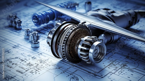 An array of aeronautical components showcased in an engineering blueprint photo