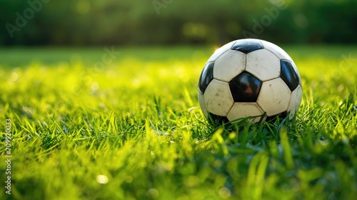 Black and white soccer ball on green grass.