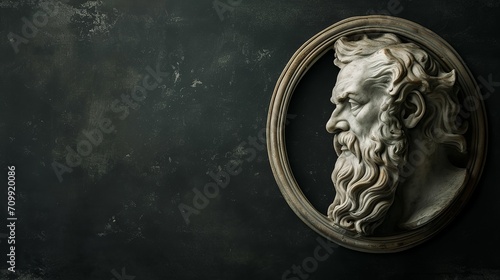 Dark Canvas Illustration of Greek Philosopher Epicurus in a Round Frame with Text Space photo