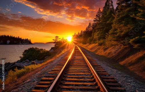 Golden sunset over serene railroad landscape