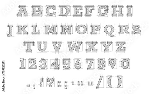 Engineering typeface. Abstract hand drawn letters, doodle geometric alphabet construction sketch, old school penmanship symbols. Vector set of typography technical type illustration