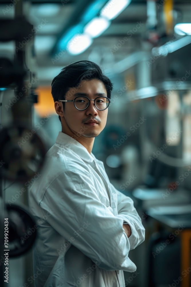 Portrait of young Asian man in white shirt and eyeglasses standing in factory Portrait of young Asian man in white shirt and eyeglasses standing in factory