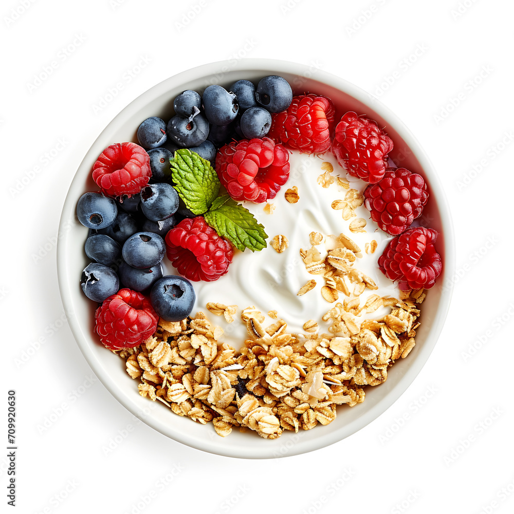 Bowl of homemade Oatmeal with yogurt and fresh berries, top view, isolated on white background Bowl of homemade Oatmeal with yogurt and fresh berries, top view, isolated on white background