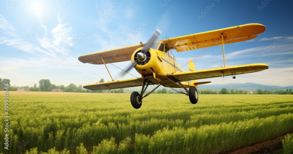 Yellow Plane in Low Flight, Spraying Agricultural Fields Yellow Plane in Low Flight, Spraying Agricultural Fields