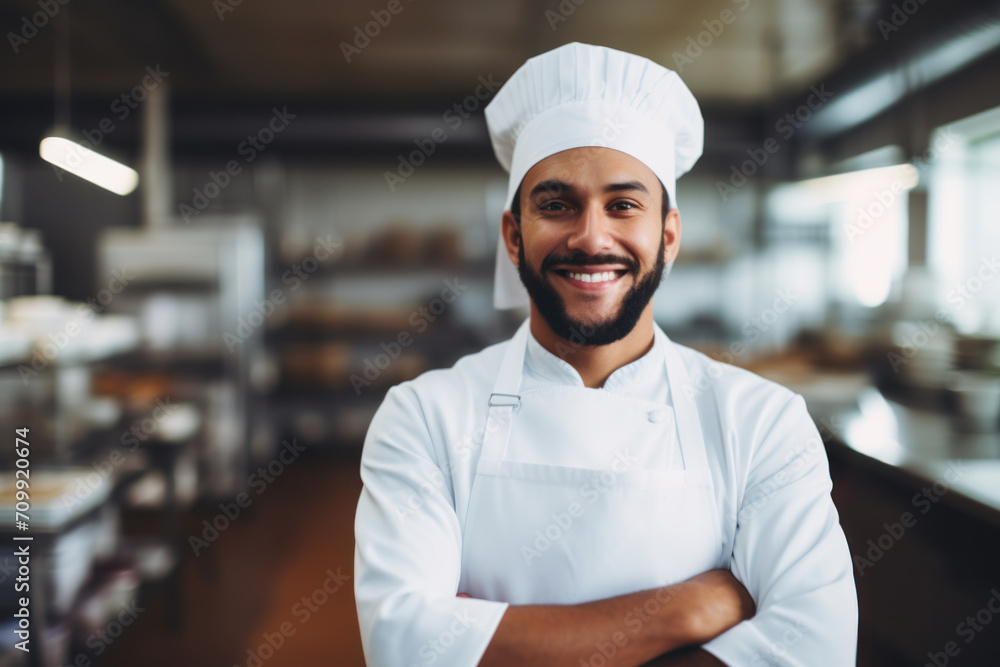 Confident chef with arms crossed standing in a commercial kitchen. He is smiling and wearing a white chef uniform and hat.