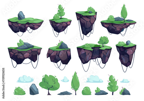 Floating game ground. Cartoon rock grass water river and air, floating level design for 2D game and app. Vector landscape with rocks and grass of flying game platform illustration illustration