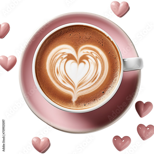 Hot coffee latte with heart shaped latte art milk foam in pink cup isolated on white or transparent background