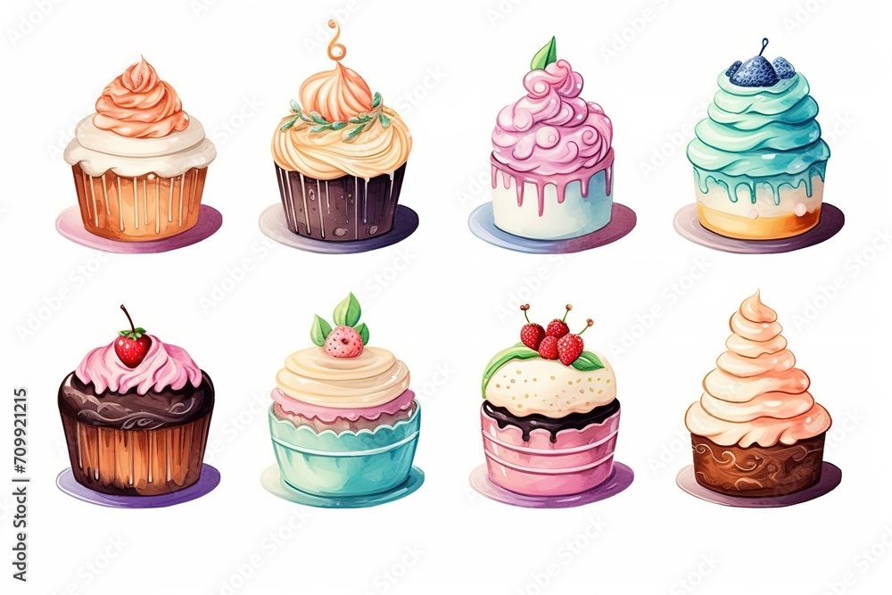 watercolor illustration with grungy texture, cute fruit cake , collection set isolated on white background, idea for junk journal or scrapbook design, generative Ai watercolor illustration with grungy texture, cute fruit cake , collection set isolated on white background, idea for junk journal or scrapbook design, generative Ai