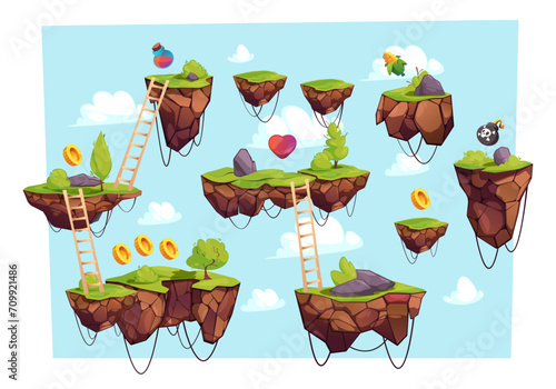 Game level with flying ground. Cartoon 2D stage with coins hearts floating wooden stairs, grass and stones for mobile platform game. Vector illustration of ground game level, platform landscape