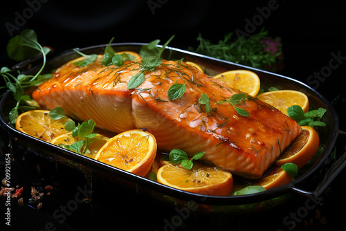 Piece baked salmon with spices and citruses. Generative AI.