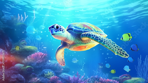 sea turtle swimming in the sea, ocean background, colorful,generative ai © Hami
