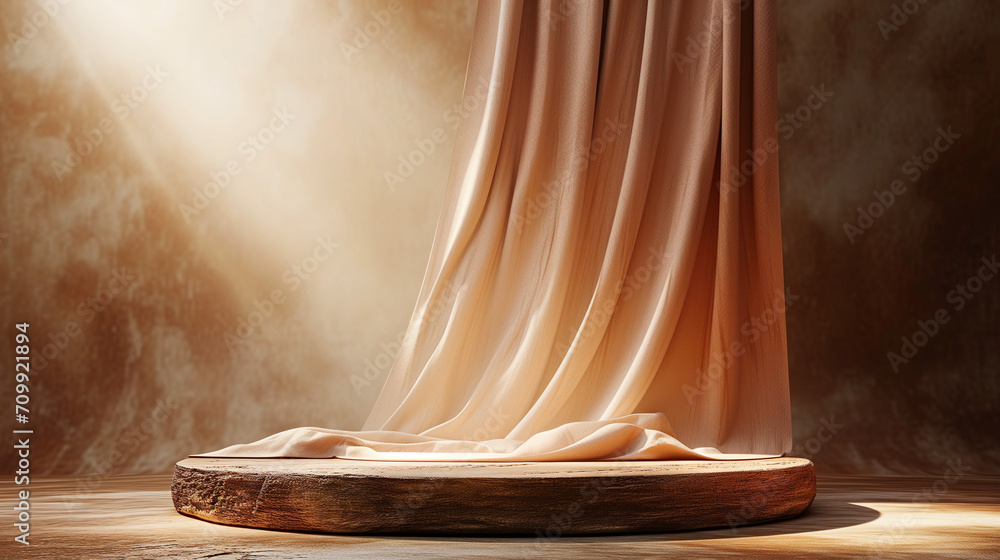3D display podium, marble background with wood frame pedestal and flying silk cloth curtain. Nature wind. Beauty, cosmetic product presentation stand. Luxury feminine mockup 3d render advertisement