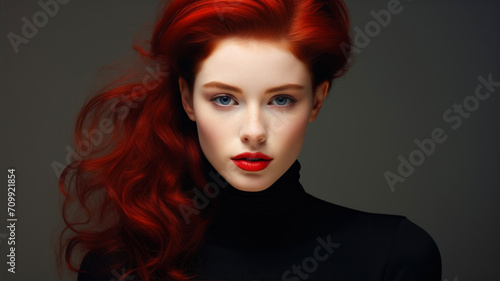 Portrait of beautiful young woman with red hair. Fashion photo.