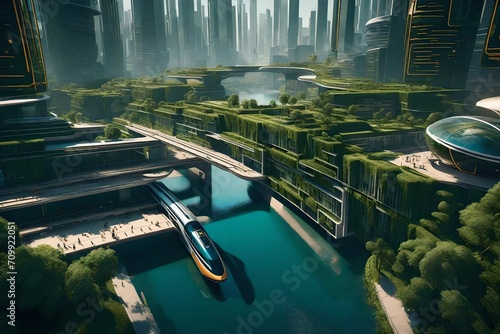 Delve into a future city where green landscapes seamlessly blend with cutting-edge buildings and high-speed trains. The super realistic lighting adds a touch of magic