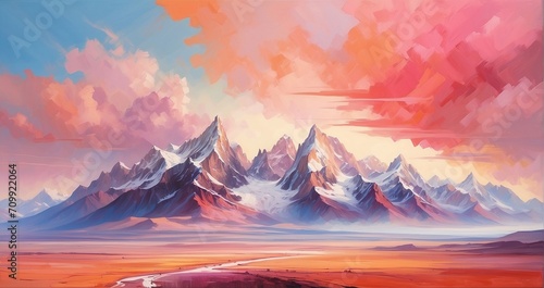 A vast and expansive landscape, with towering mountains and a vast expanse of sky, painted in vibrant hues of orange and pink - Generative AI