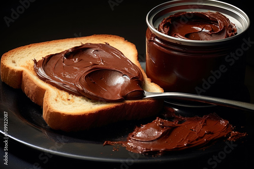 Chocolate spread on bread and spoon on wooden table. Dark background.