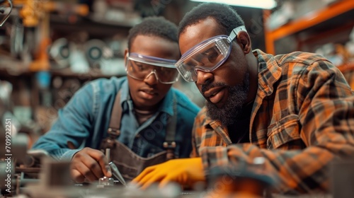 Two young African American men working together in a factory. They are wearing safety goggles and goggles.