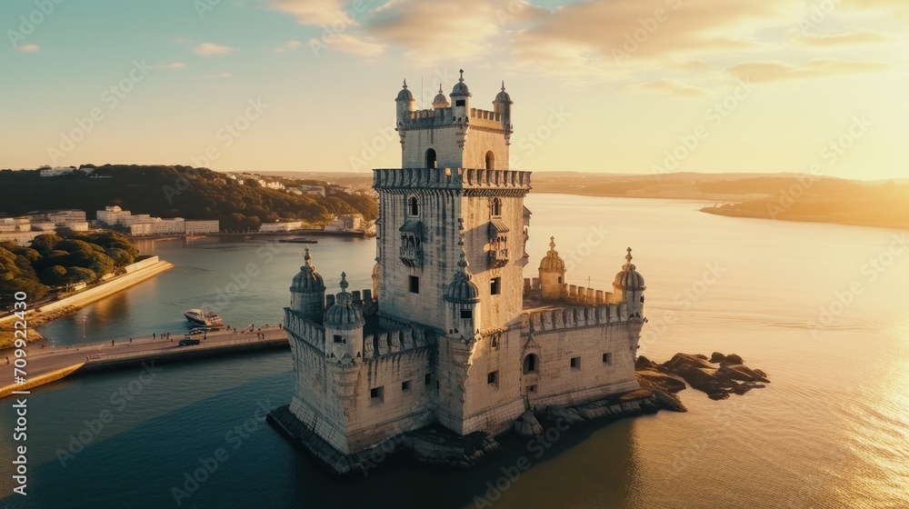 Aerial view of Tower of Belem at sunset, Lisbon, Portugal on the Tagus River.


