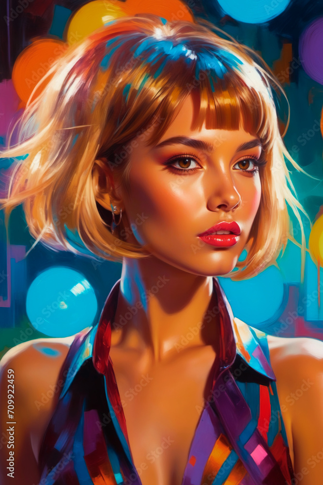 Obraz premium The image is of a digital painting of a woman with blonde hair and bangs, wearing a multicolored halter top. She has bright red lipstick and her hair is blowing back.