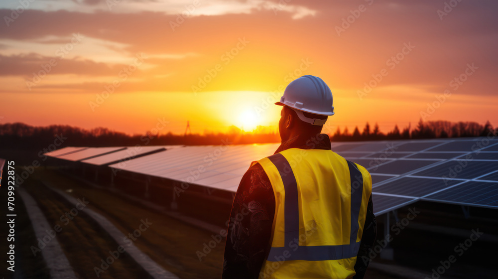 Sunset innovation, Engineer captivated by a modern solar farm, marveling at sustainable energy.