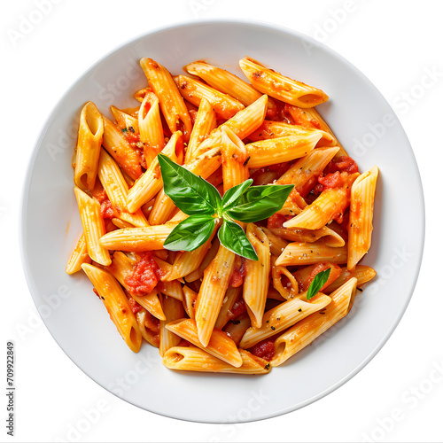 Penne pasta in tomato sauce on white bowl, top view, isolated on white background