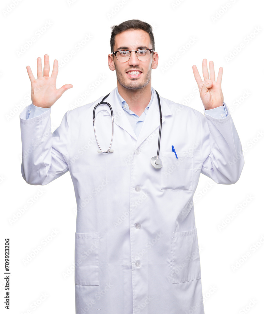 Handsome young doctor man showing and pointing up with fingers number nine while smiling confident and happy. Handsome young doctor man showing and pointing up with fingers number nine while smiling confident and happy.