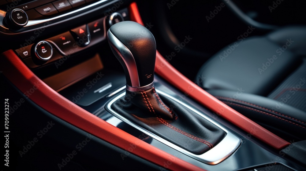 Automatic gear stick of a modern car. Modern car interior details. Close up view. Car inside. Automatic transmission lever shift. Red leather interior with stitching.


