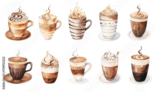 watercolor illustration with grungy texture, coffee cup, hot beverage , collection set isolated on white background, idea for junk journal or scrapbook design, generative Ai