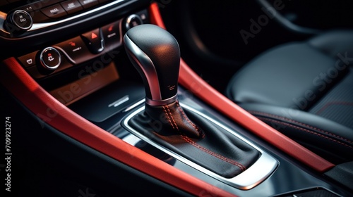 Automatic gear stick of a modern car. Modern car interior details. Close up view. Car inside. Automatic transmission lever shift. Red leather interior with stitching.