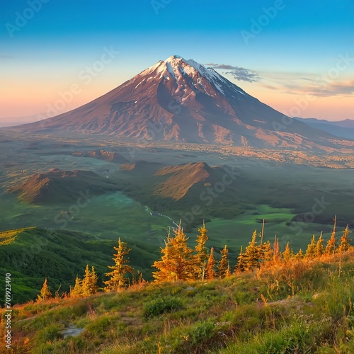 The Avachinsky volcano in Kamchatka Peninsula. Selective focus photo
