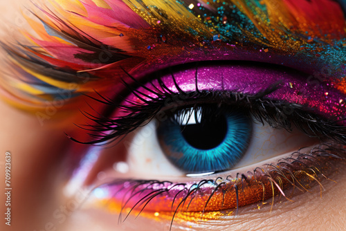 Close up of an eye with colourful bright make up  © reddish