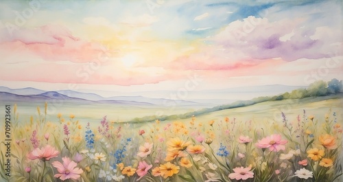 a watercolor painting reminiscent of Claude Monet s style  portraying a serene meadow filled with colorful wildflowers swaying in the gentle breeze under a pastel-hued sky - Generative AI