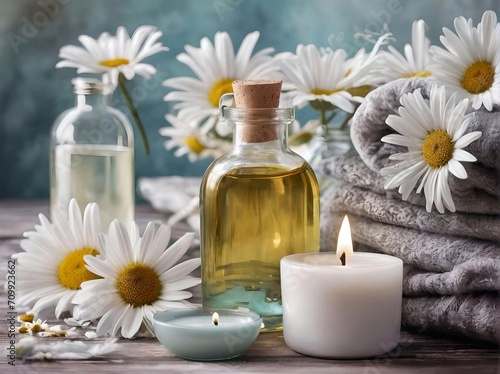 Spa decoration with candle  daisies   white flowers and a bottle with massage oil  beauty wellness centre