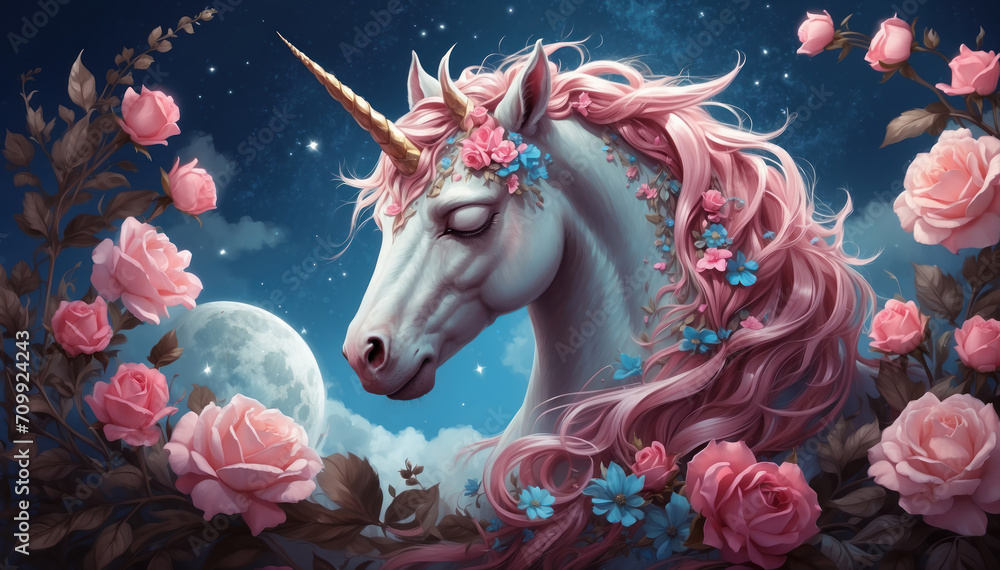 A cute unicorn sleeping on the moon pastel colors. AI generated
