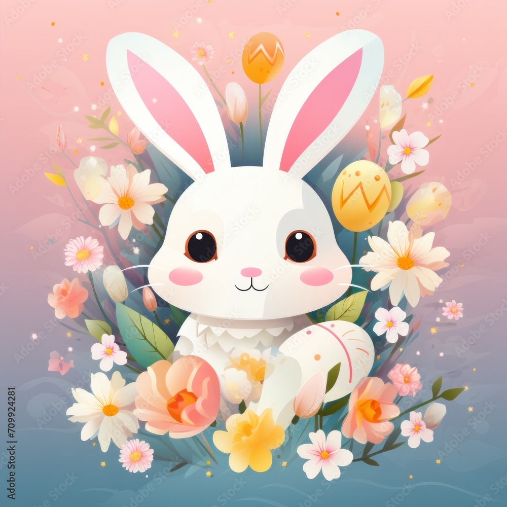 A cartoon bunny with a bunch of flowers A cartoon bunny with a bunch of flowers