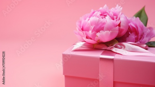 A pink gift box with a pink flower on top