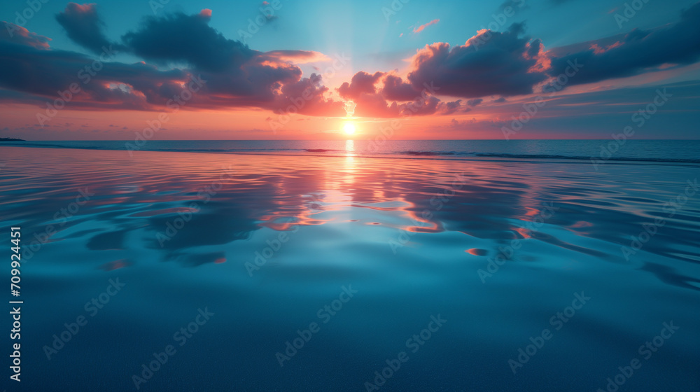Tranquil Background Sunset | Pink and Blue Sky reflected in Ocean | Colorful Peaceful Scene