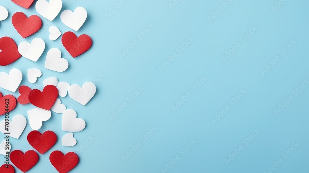 Romantic Valentine's Day Background with Red and White Hearts on Pastel Blue