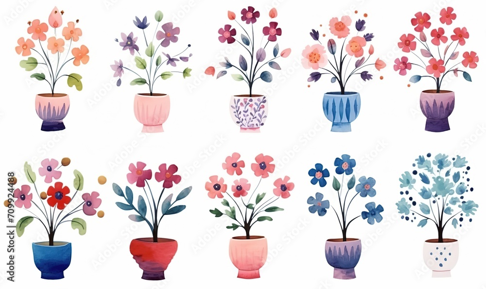 Obraz premium watercolor illustration with grungy texture, spring flower pot blossom, collection set isolated on white background, idea for junk journal or scrapbook design, generative Ai