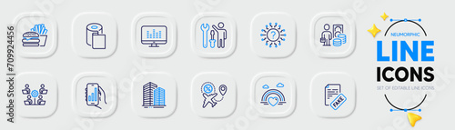 Music making, Burger and Paper wallpaper line icons for web app. Pack of Lgbt, Flight sale, Skyscraper buildings pictogram icons. Teamwork, Repairman, Fake news signs. Money profit. Vector
